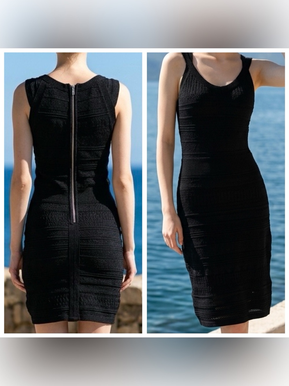 Cache Y2K Women’s Sz M Black textured stretch knit Sleeveless Midi Bodycon Dress